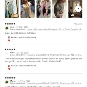 May include: A digital interface displaying customer reviews for an Etsy shop titled Linum for Home. The screen shows five-star ratings, user names, dates, and text reviews alongside small thumbnail images of clothing items made from linen fabric.