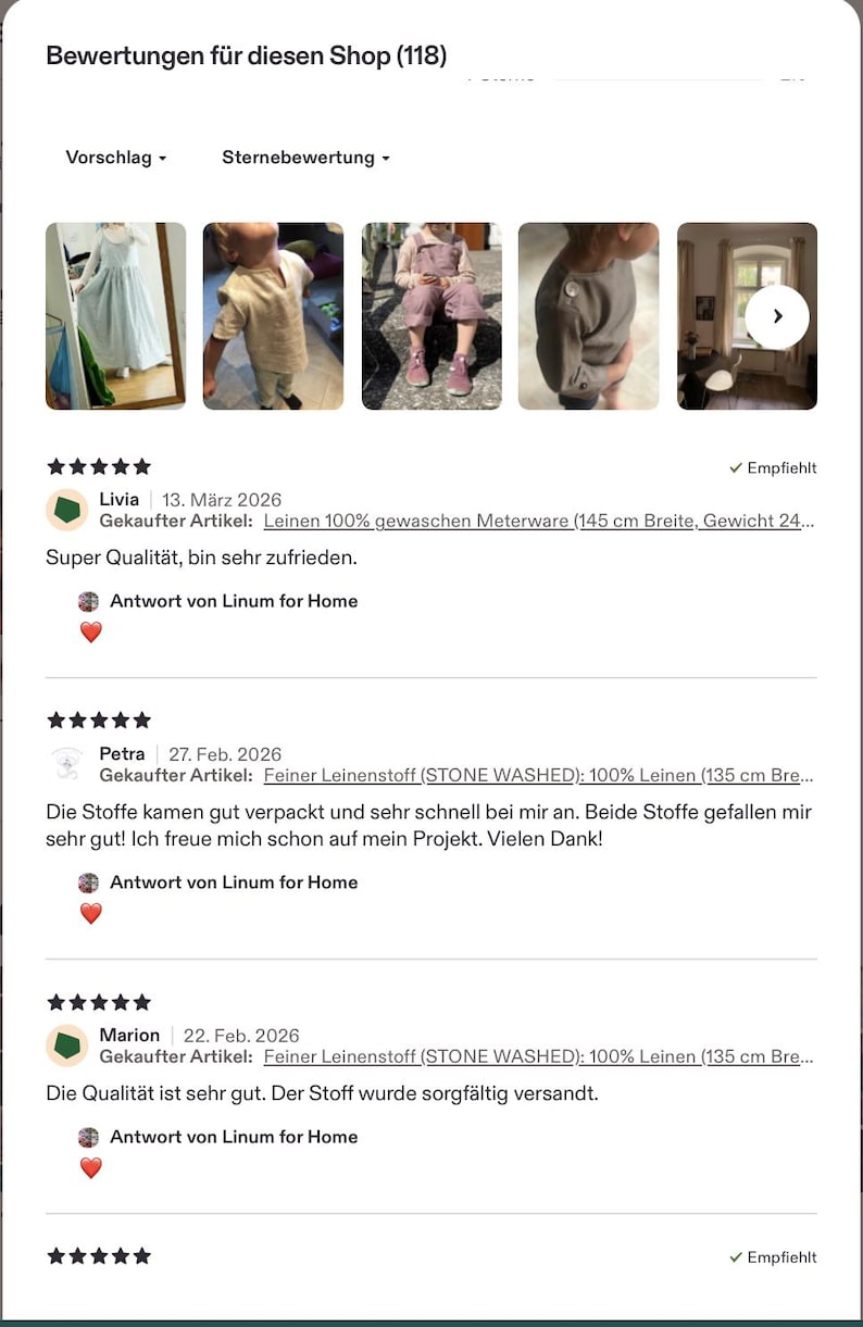 May include: A digital interface displaying customer reviews for an Etsy shop titled Linum for Home. The screen shows five-star ratings, user names, dates, and text reviews alongside small thumbnail images of clothing items made from linen fabric.