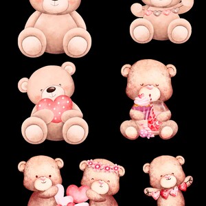 Könnte beinhalten: Sechs Aquarell-Illustrationen von braunen Teddybären mit rosa Akzenten. Die Bären halten Herzen, Cupcakes und andere Valentinstags-Artikel.