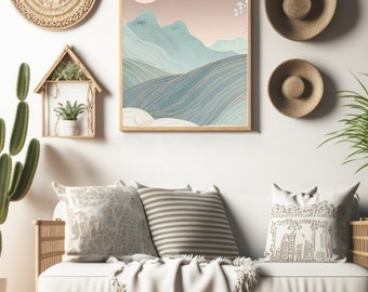Delicate serene landscape with sun,  artwork meticulously crafted using the intricate line technique,