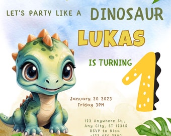 Watercolor Dinosaur 1st Birthday Invitation Template (Printable)