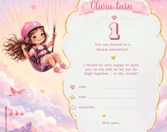 Pastel Paragliding Birthday Invitation, Dreamy Sky Girls Party Template (Digital Download)