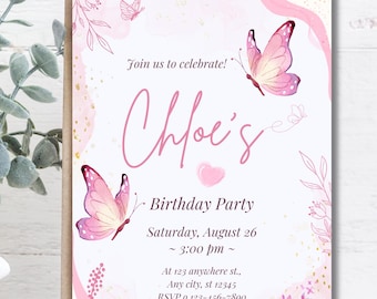 Butterfly Birthday Invitation Template: Pink Watercolor (EDITABLE, Download)