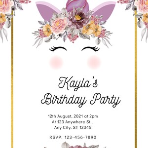 BirtEditable Unicorn birthday Invitation Unicorn Party Girl Pink Gold Magical Unicorn Invitation