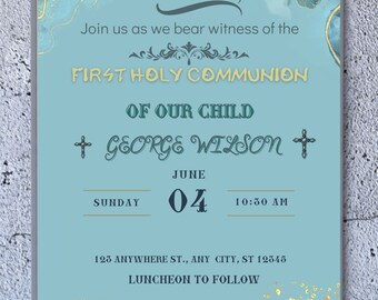 Blue Watercolor First Communion Invitation Template