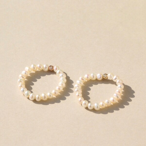 Real Freshwater Pearl Ring, Elastic Ring, Pearl Ring with 925 silver 28k real gold plated