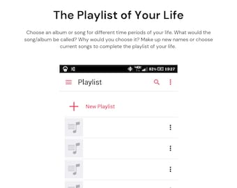 May include: A mobile phone screen displaying a music app with the title "The Playlist of Your Life". The app shows a list of playlists with the option to create a new playlist.