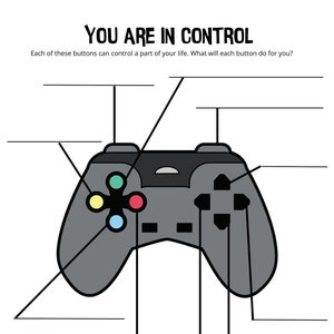 May include: A black and gray video game controller with colorful buttons. The text "YOU ARE IN CONTROL" is at the top of the image. The text "Each of these buttons can control a part of your life. What will each button do for you?" is below the controller.