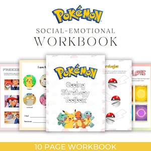 May include: A 10-page Pokemon workbook with a pink and white background. The cover features the Pokemon logo and the text "Coping Strategy Toolbox". The workbook includes activities such as identifying emotions, coping strategies, and color recognition.