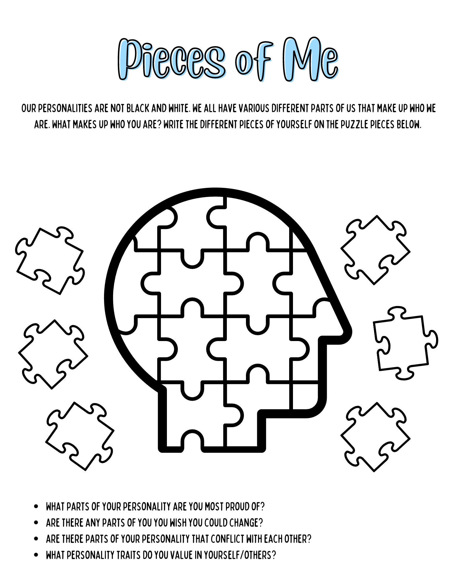 Pieces of Me Therapy Worksheet