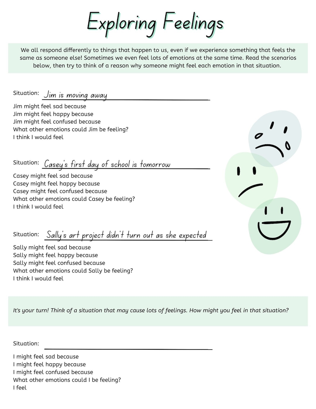 Exploring Feelings SEL Child Therapy/classroom Worksheet - Etsy