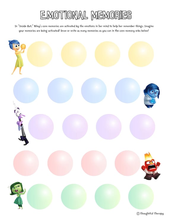 Inside out emotional memories sel feelings worksheet for therapists,  counselors, and teachers - etsy