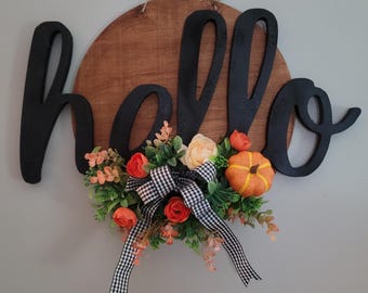 Cream Fall Hello Door Hanger | White Pumpkin Front Door Sign | Neutral Autumn Wood Welcome Sign | Handcrafted Floral Decor | Fall Wreath Alt