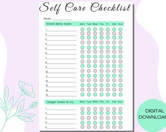 May include: Printable self-care checklist with a weekly layout. The checklist includes sections for small daily tasks and larger tasks to try. Each section has a grid with days of the week labeled and circles to check off.