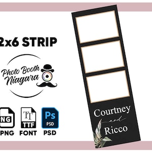 May include: A black and white photo booth template with three photo slots. The template features a floral design and the text "Courtney and Ricco" at the bottom. The template is available in PNG, TTF, and PSD formats.