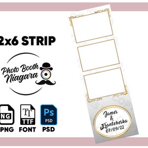 May include: A white photo booth strip template with a gold ornate frame. The template has three photo spaces and a text area at the bottom that says "James & Frantcheska 07/09/22".