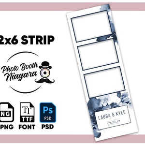 May include: A 2x6 photo booth strip template featuring a blue watercolour floral design. The template has three photo spaces and a text area that says "LAURA & KYLE 09,20,19".
