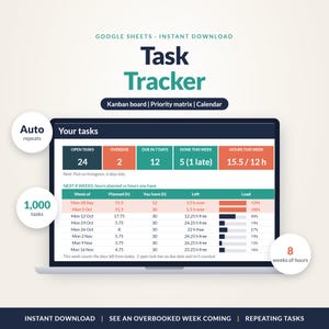 Può includere: Un tracker di attività digitale per Google Sheets visualizzato sullo schermo di un portatile. L'interfaccia presenta una dashboard con conteggio delle attività, elementi in ritardo e una tabella di pianificazione settimanale con barre.