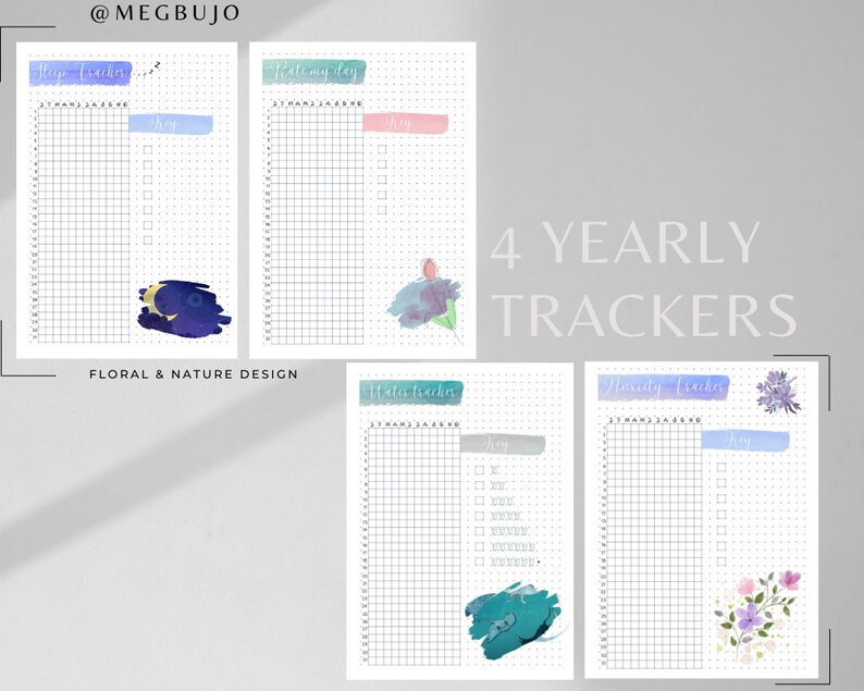 Yearly Trackers Bundle Printable A5, Premade Bullet Journal Pages 2024 ...