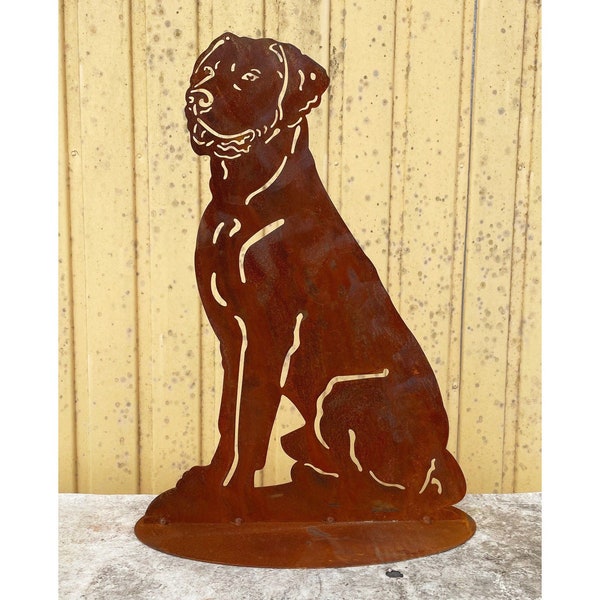 Gartenfigur Hund sitzend 50x35cm auf Platte Edelrost Wetterfest Rost Metall Rostfigur Labrador Boxer