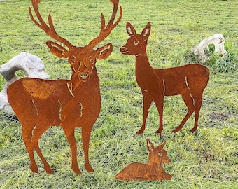 Set of 3 deer family with fawn and stag, 117 cm, garden stake, weathered metal, rust figure, fawn, rusty garden decoration