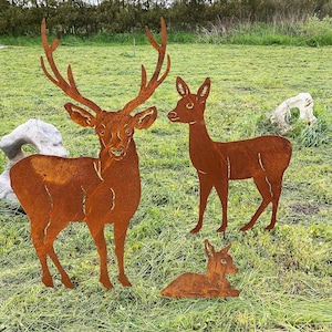 Lot de 3 cerfs de la famille des cerfs avec faon et cerf 117 cm piquet de jardin patiné rouille métal rouille figure faon image 1