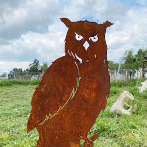Owl sideways on branch 50 x 27 cm + rod rust garden stake rust metal rust figure eagle owl rusty garden decoration flowerbed stake