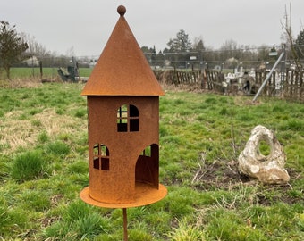 Vogelhuis voor verlichting 42 x 20 cm + staaf tuinsteker patina tuindecoratie roest metaal voederlantaarn theelichtje vogelvoeder