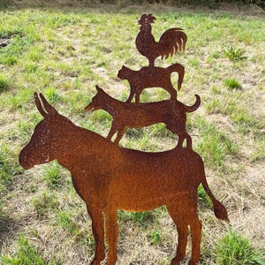Músicos de Bremen 60 x 50 cm para pegar estaca de jardín decoración de jardín resistente a la intemperie metal oxidado figura de burro perro gato gallo regalo