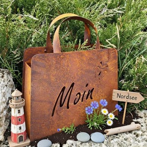 Edelrost Tasche 32x37cm Große Handtasche zum Bepflanzen Moin mit Schmetterling Rost Pflanztasche Blumentopf Windlicht rostige Gartendeko