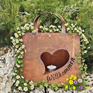 Bolsa de metal oxidada, bienvenida con corazón, 32 x 37 cm. Bolsa grande para plantar, macetero oxidado, farol, decoración de jardín oxidada.