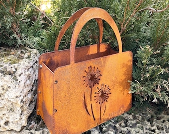 Edelrost Tasche 27x32cm Handtasche mit 2 Blumen zum Bepflanzen Rost Pflanztasche Blumentopf Windlicht