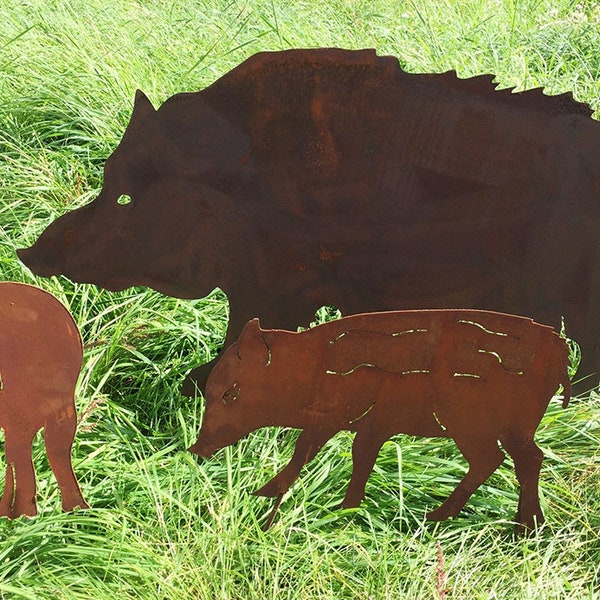 Frischlinge 30cm und/oder Wildschwein 100x50cm Familie Gartenstecker Edelrost Rost Metall Rostfigur