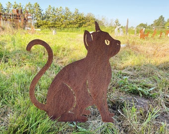 Gartenfigur Katze sitzend und schaut hoch 40x37cm Gartenstecker Edelrost Wetterfest Rost Metall Rostfigur