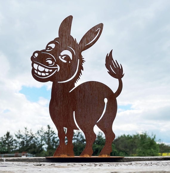 Gartenfigur Lustiger Esel Murphy 38x25cm auf Platte Edelrost Gartendeko Wetterfest Rost Metall rostige Deko Rostfigur Maultier
