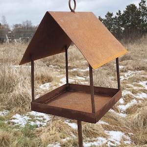 Op de afbeelding: Een roestige metalen vogelvoederhuisje met een puntdak en een vierkante bak. Het voederhuisje is gemonteerd op een metalen paal en staat in een veld met bruin gras en sneeuw.