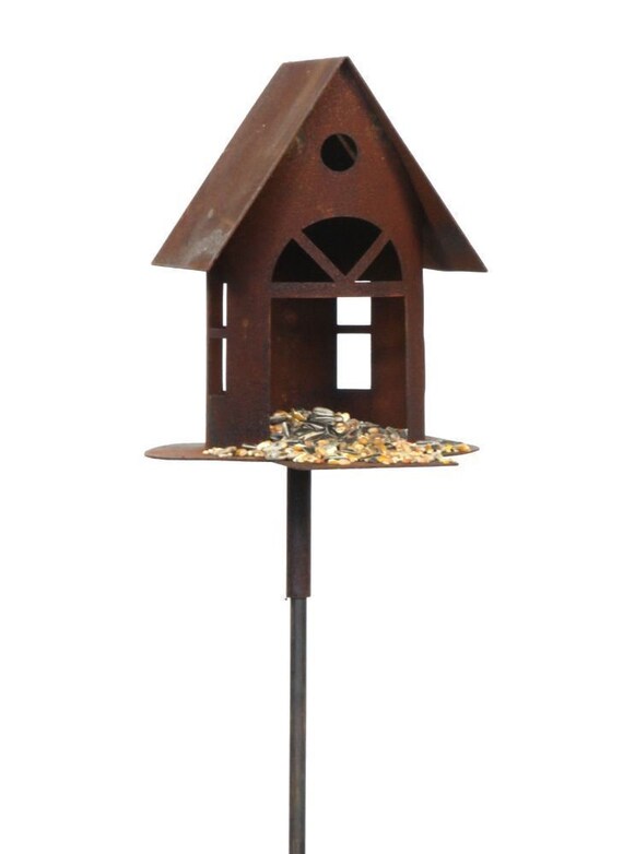 Vogelhaus mit Steg Futterhaus zum Beleuchten H19cm + Stab Gartenstecker Edelrost Rost Metall Futterstelle Vogelhäuschen Wildvögel