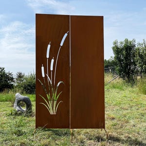 Set of 2 patina privacy screens reed motif 165 x 100 cm screen for sticking sign garden stake garden decoration weatherproof rust metal
