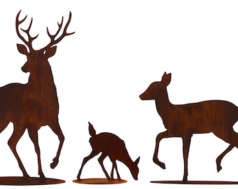 May include: Three rustic metal deer silhouettes in varying sizes. The largest deer has prominent antlers, while the smallest is depicted grazing. The deer are a warm brown color, perfect for outdoor or indoor decor.
