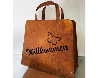 Edelrost Tasche 32x37cm Große Handtasche zum Bepflanzen Willkommen mit Schmetterling Rost Pflanztasche Blumentopf Windlicht