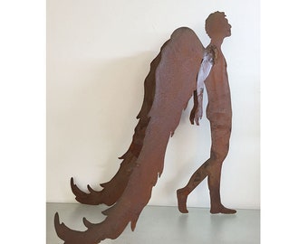 Angel Raphael, standing with double wings, 40 cm or 55 cm high, weathered steel, rusty Christmas angel, rusty decoration, vintage country house decoration