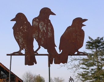 3 corbeaux sur le poteau 50 x 38 cm piquet de jardin patiné décoration de jardin rouille décoration extérieure extérieur Halloween oiseau effaroucheur corbeau corbeau cadeau