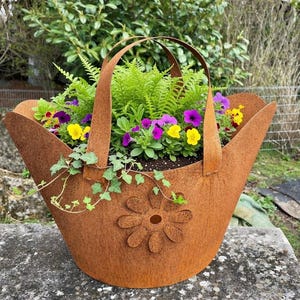 Borsa XXL color ruggine con motivo floreale 42 x 38 cm Borsa grande per piantare Borsa per piante color ruggine Vaso per fiori Lanterna regalo decorazione arrugginita