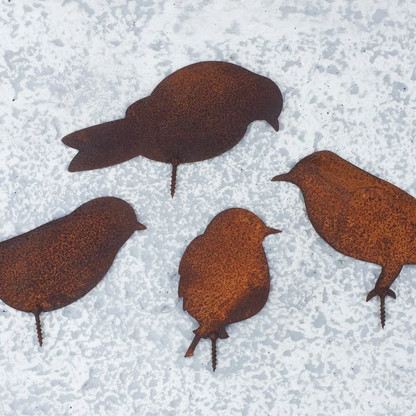 4er Set VÖGEL mit Schraube zum Eindrehen in Holz Edelrost Rost Vogel Spatz Ast Gartenzaun Metall Rostfigur