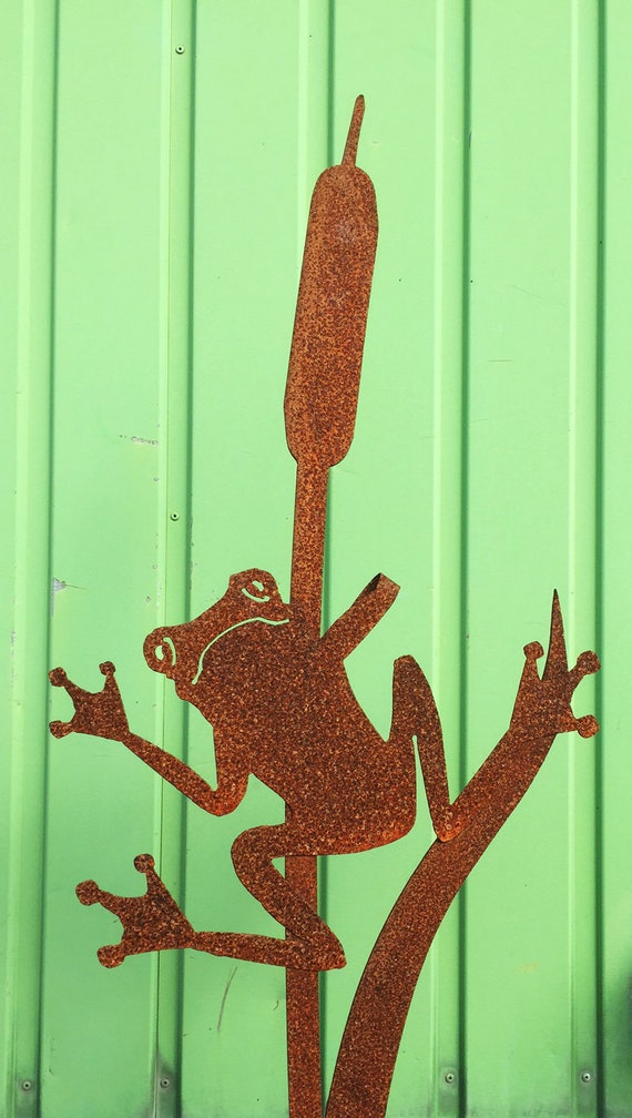 Décoration Jardin Grenouille Sur Roseau - Aspect Rouillé - Métal - Environ 42x20 Cm - Pour Pelouse, Pot De Fleurs, Terrasse