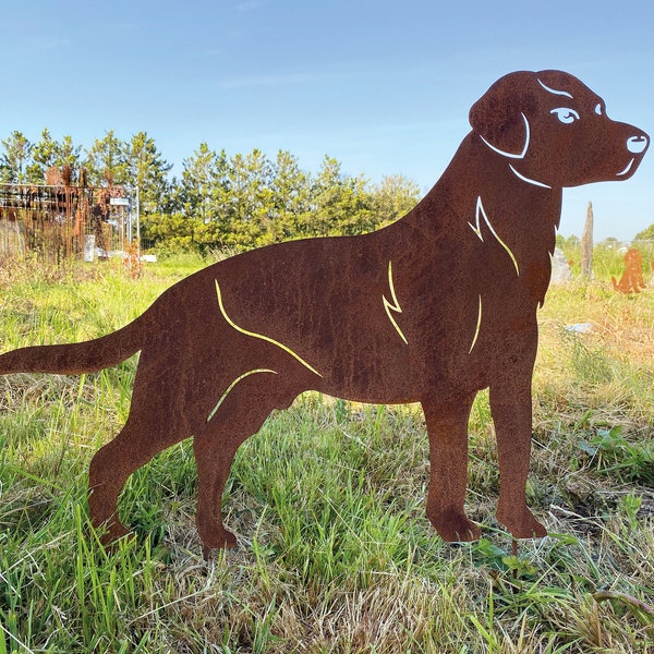 Gartenfigur Hund Labrador 85x61cm Gartenstecker Edelrost Wetterfest Rost Metall Rostfigur Hunde Figur Tier