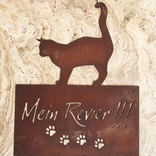 Schild MEIN REVIER Katze 42x35cm zum Aufhängen Edelrost witzig Wandhänger