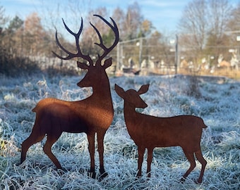 2er Set Hirsch zurück schauend 85x52cm und Reh 54x49cm zum Stecken Gartenstecker Edelrost Rost Metall Rostfigur rostige Waldtier Weihnachten