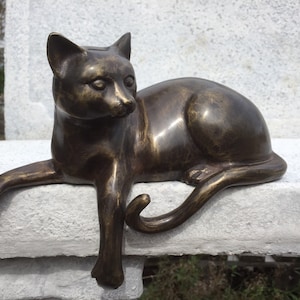 Bronzen figuur kat liggend voor rand 25 cm lang bronzen sculptuur dierfiguur decoratief geschenk bronzen beeld