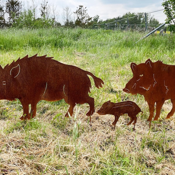 Wildschwein Familie - Frischling 20x36cm und/oder Wildschwein 90x50cm / 63x50cm zum Stecken Gartenstecker Edelrost Wetterfest Rost Metall